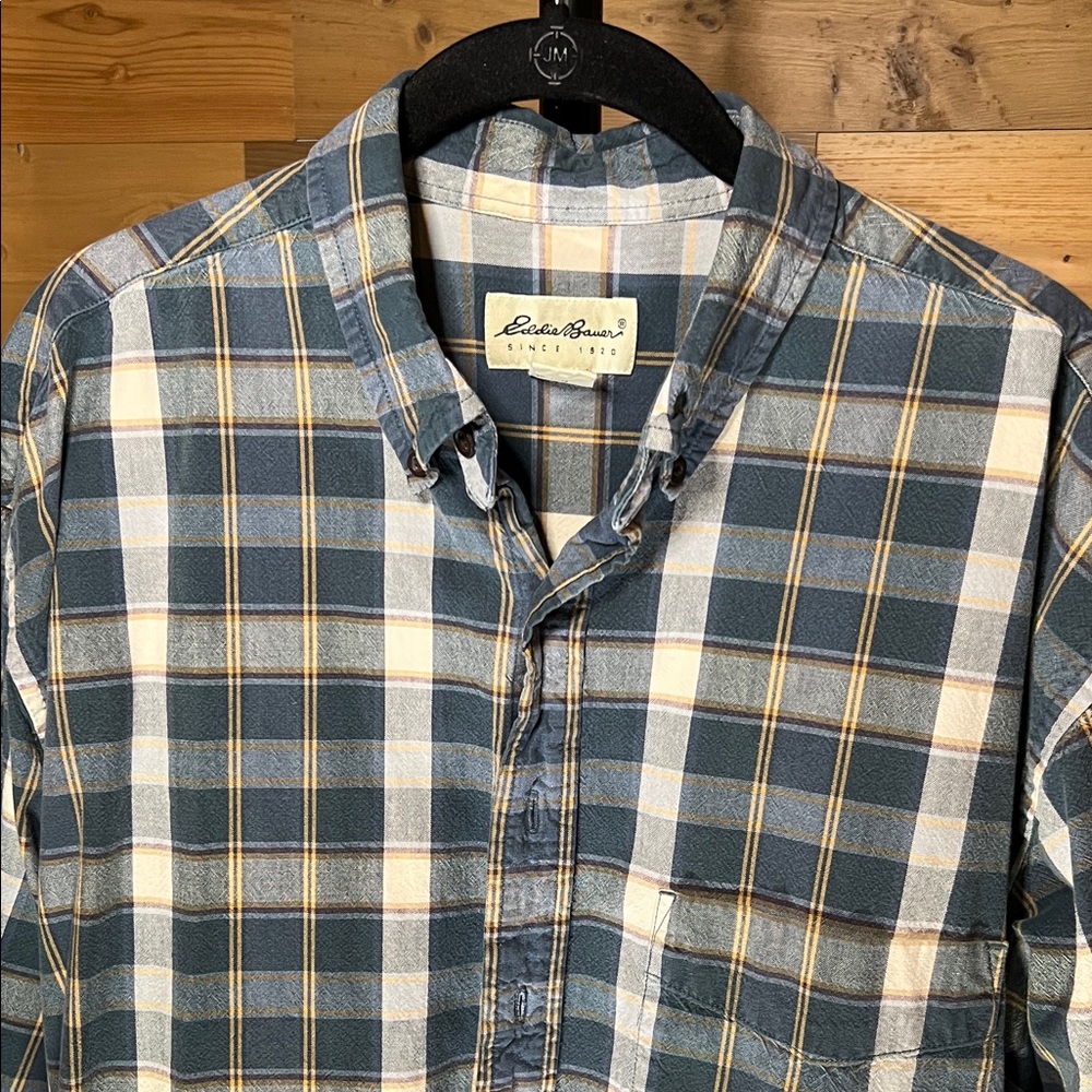 Eddie Bauer Men's Flannel Blue and White Plaid Shirt
